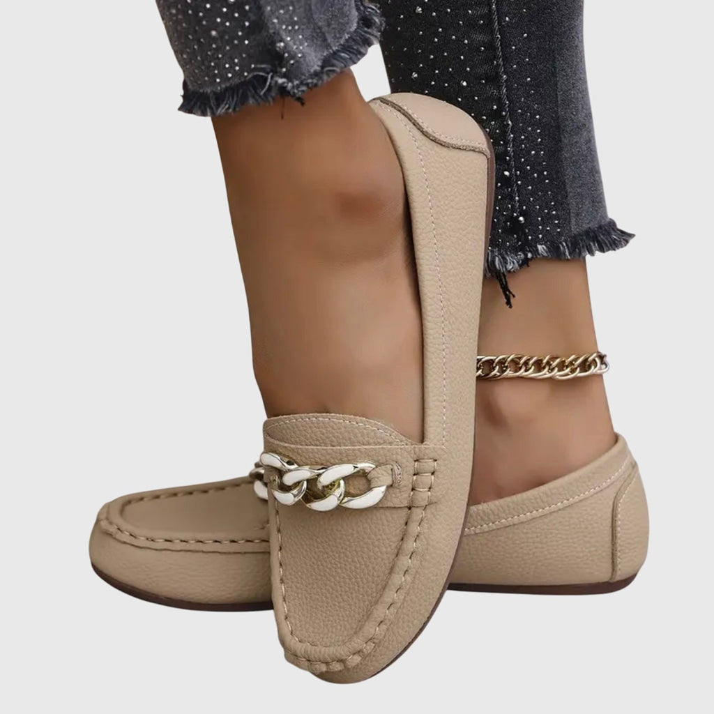 Women's round toe loafers with chain embellishment and flat soles