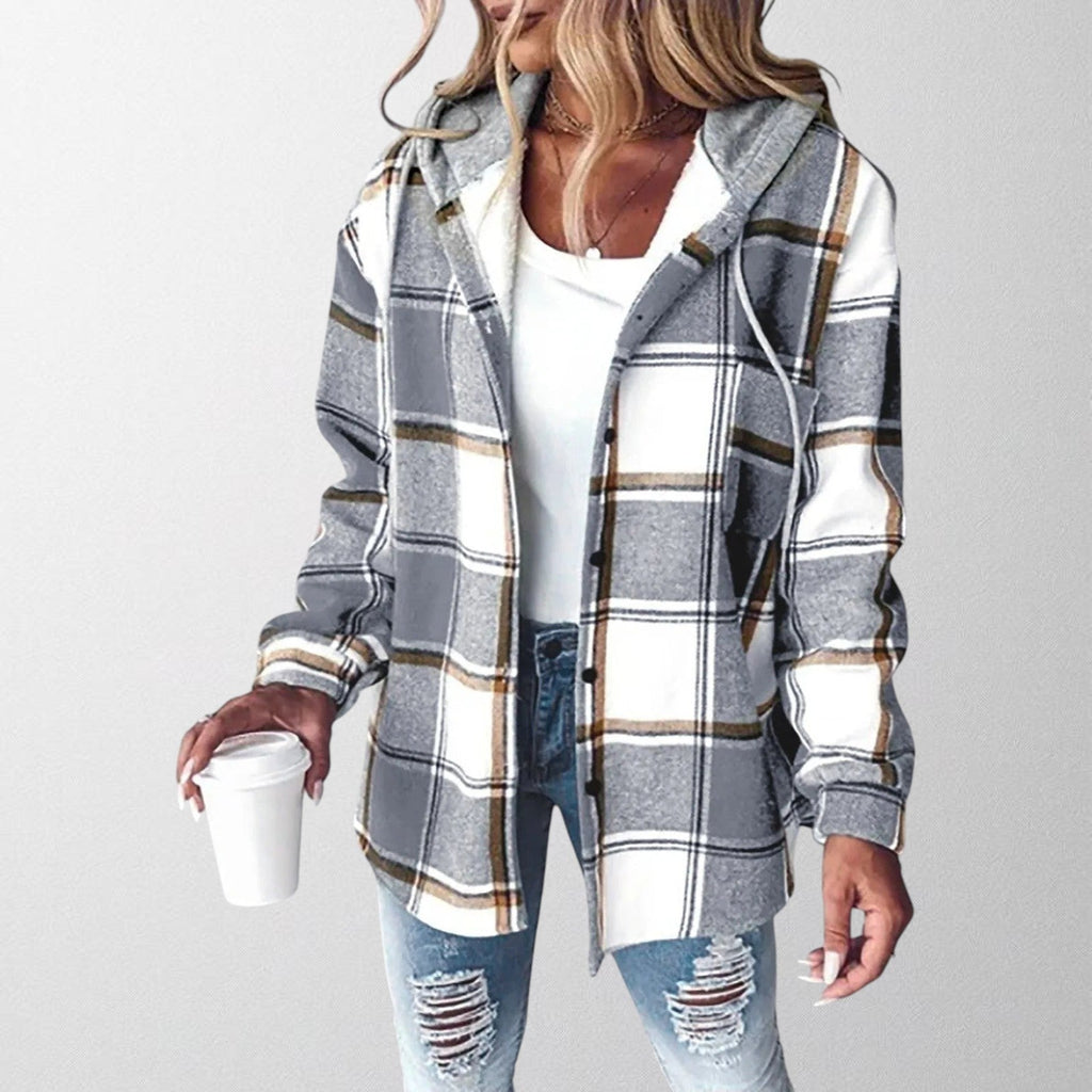 Women's checked hooded shacket with button front and long sleeves