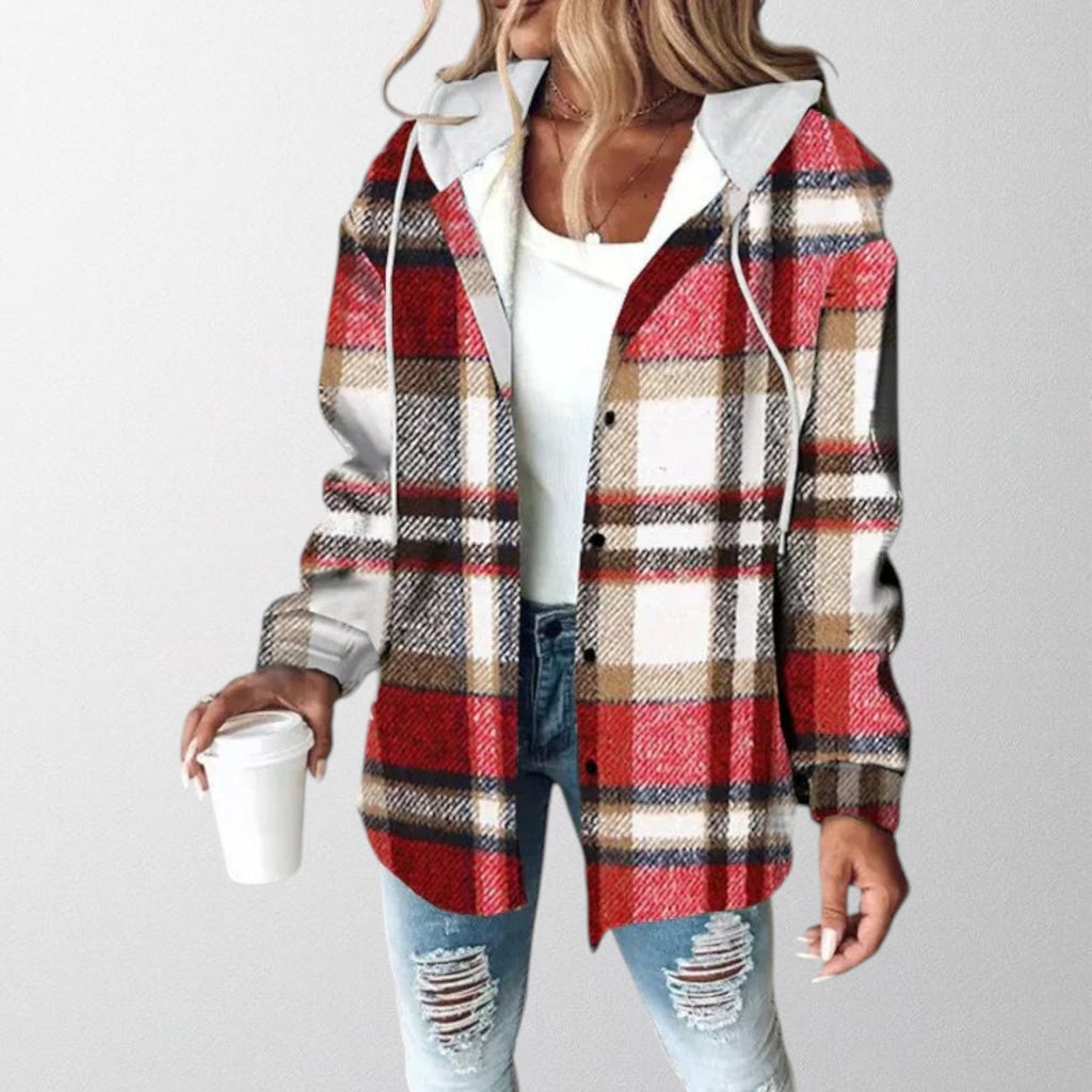 Women's checked hooded shacket with button front and long sleeves