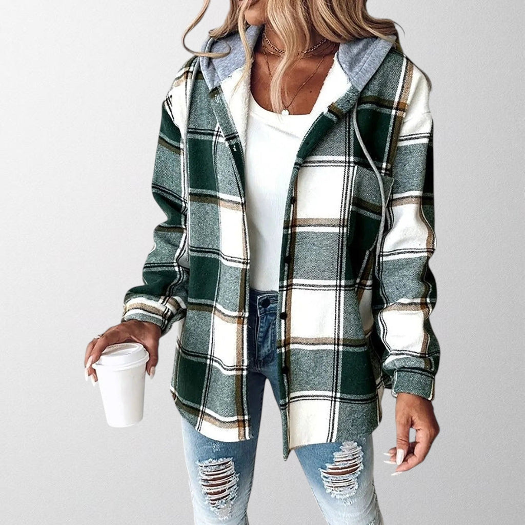 Women's checked hooded shacket with button front and long sleeves