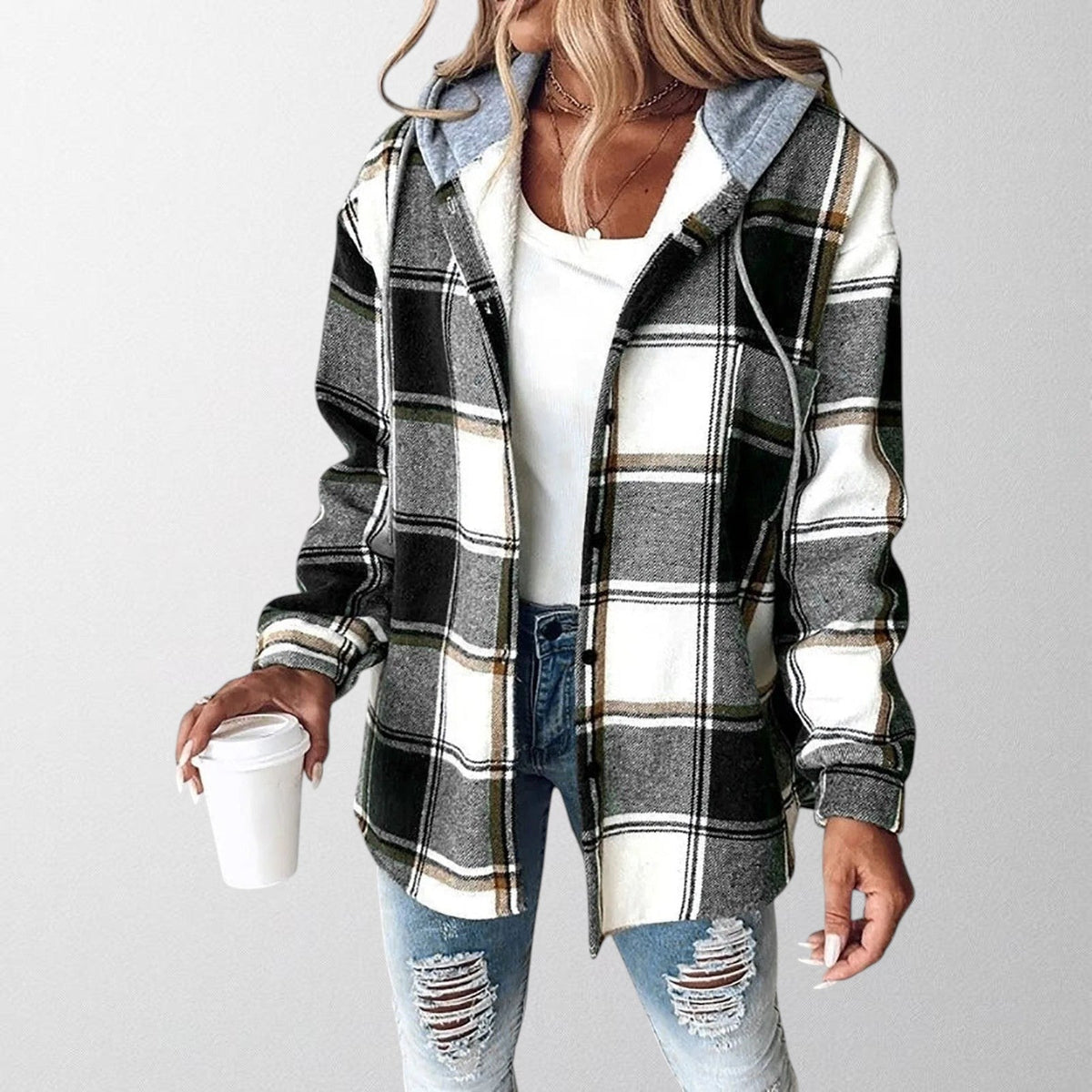 Women's checked hooded shacket with button front and long sleeves