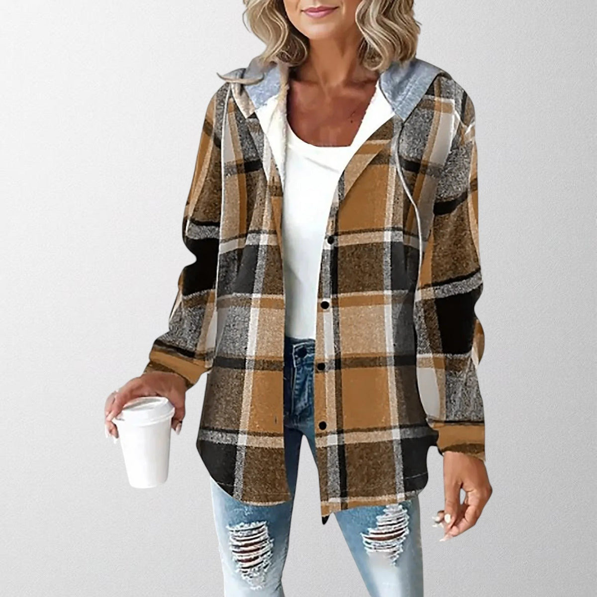 Women's checked hooded shacket with button front and long sleeves