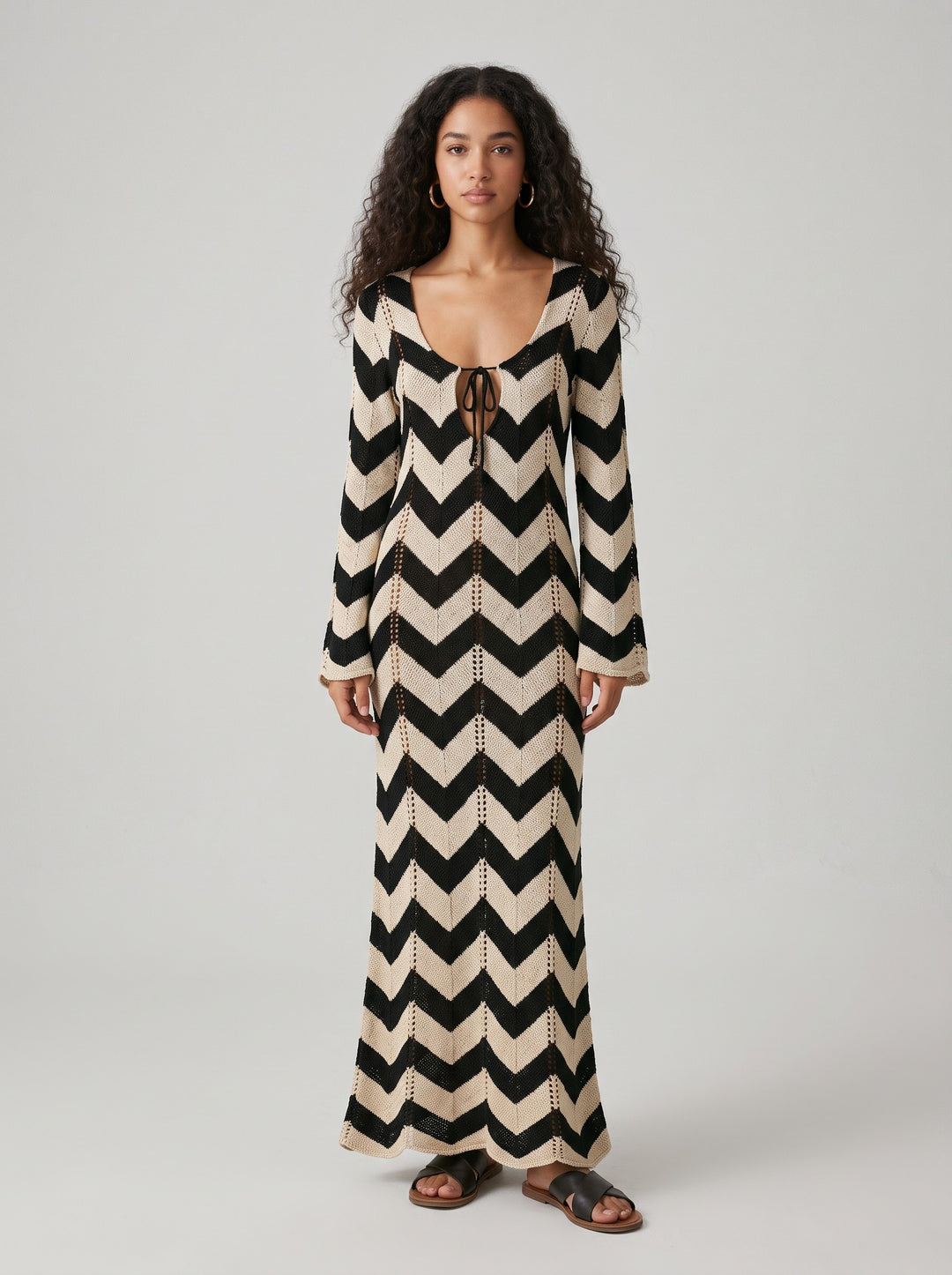 Women's Chevron Crochet Knit Maxi Dress in black