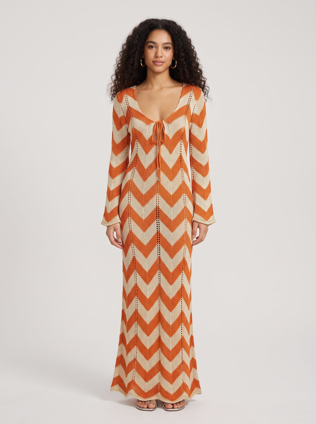 Women's Chevron Crochet Knit Maxi Dress in orange