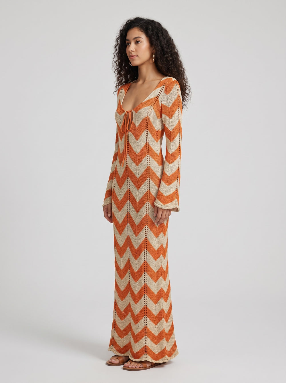 Women's Chevron Crochet Knit Maxi Dress in orange