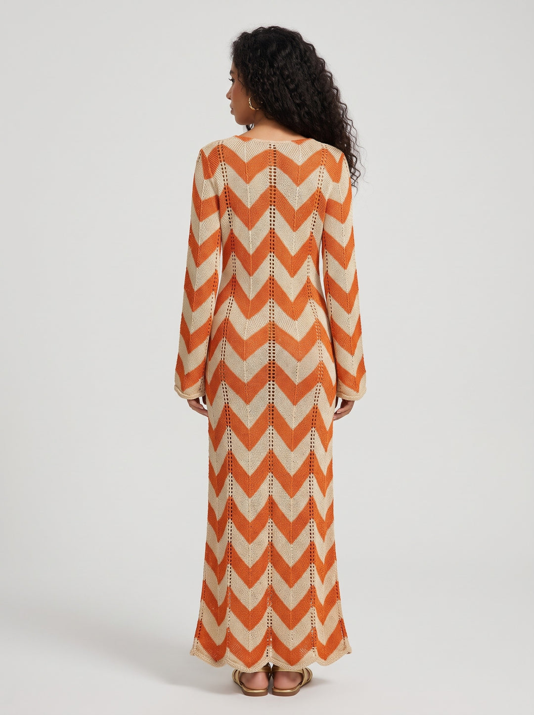 Women's Chevron Crochet Knit Maxi Dress in orange