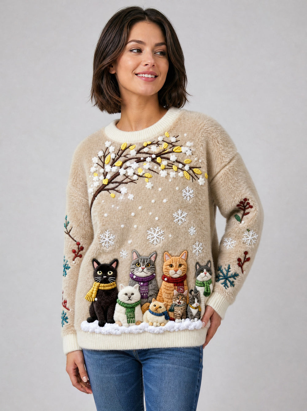 Women's Cat And Snowflake Christmas Jumper in light coffee