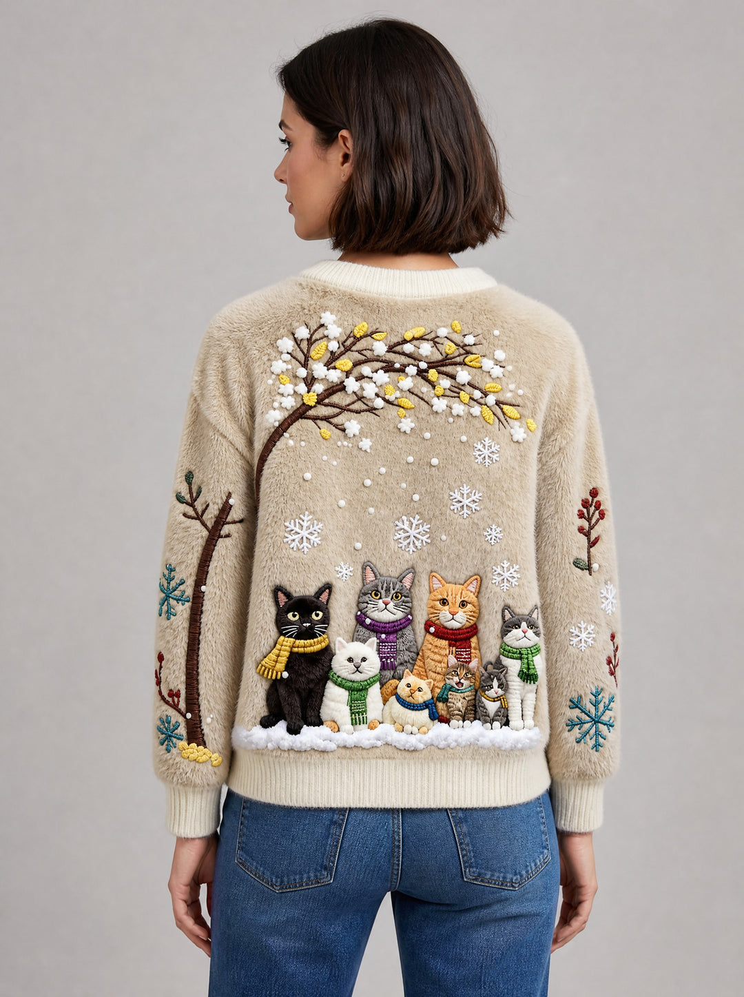 Women's Cat And Snowflake Christmas Jumper in light coffee