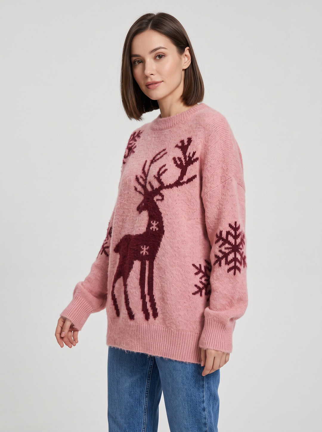 Women's Fluffy Reindeer Christmas Jumper in pink