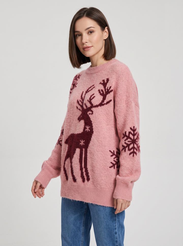Women's Fluffy Reindeer Christmas Jumper in pink