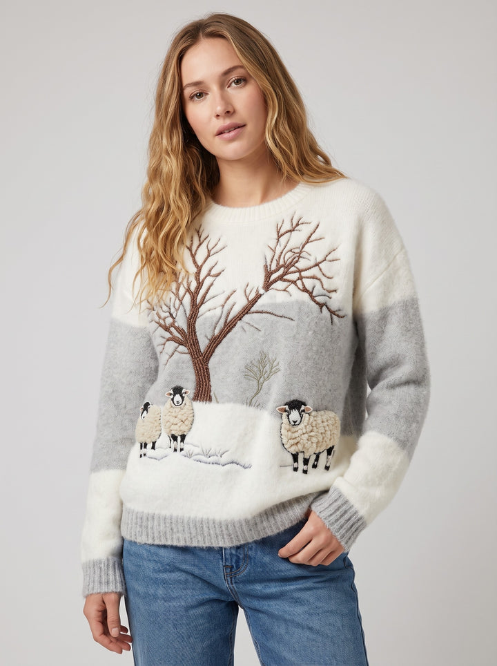 Women's Fluffy Sheep Appliqué Christmas Jumper in grey & white