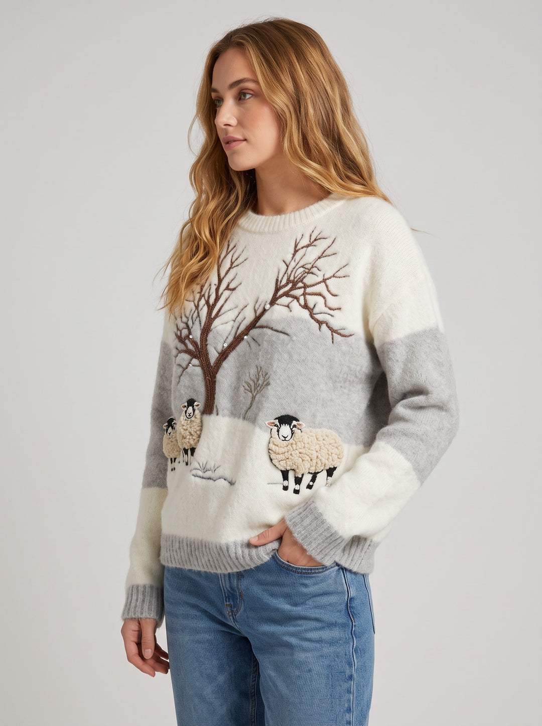 Women's Fluffy Sheep Appliqué Christmas Jumper in grey & white