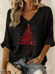 Women's black V-neck knit top with a red Christmas tree graphic