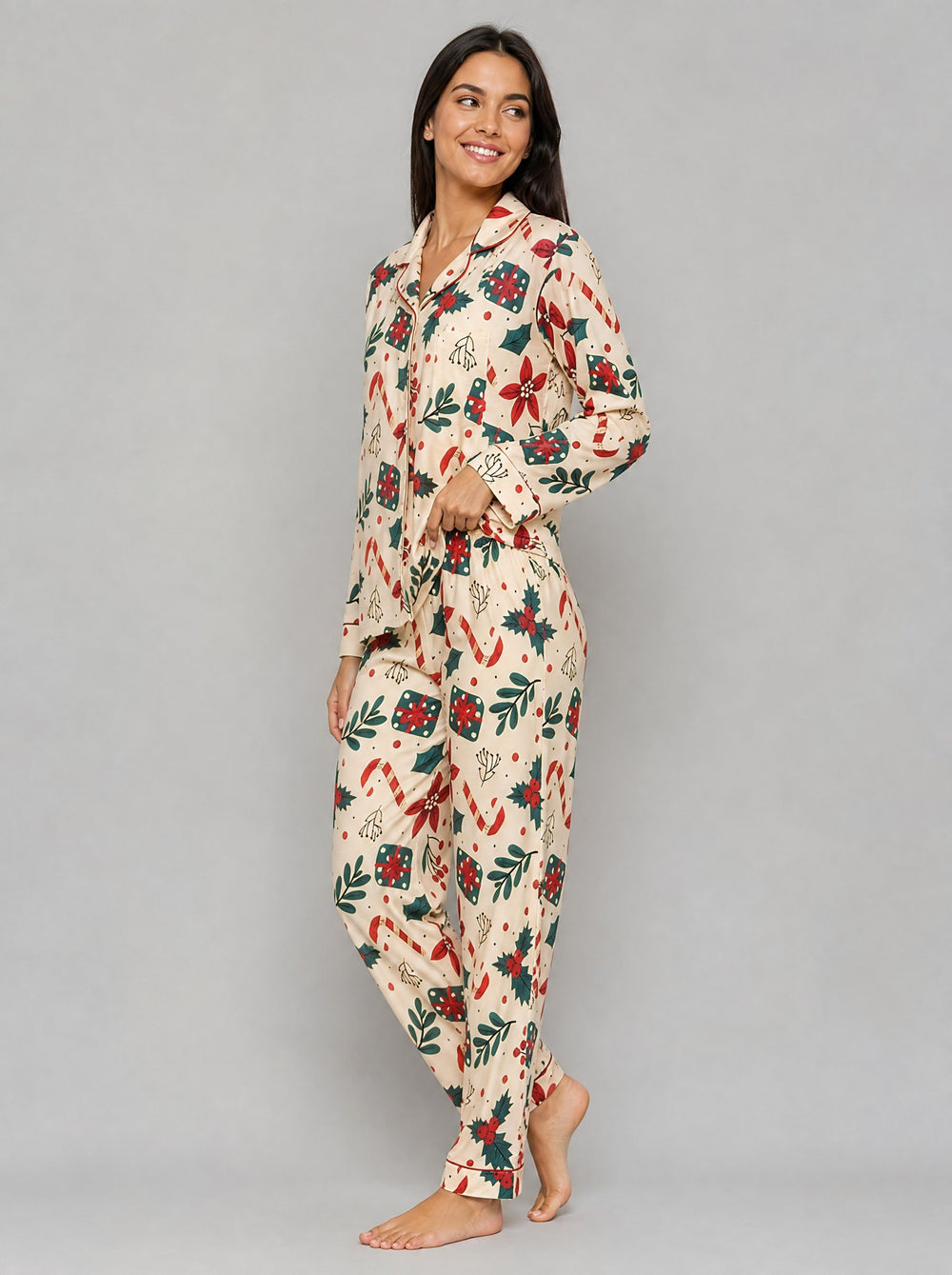 Women's Candy Cane Christmas Pyjamas in cream