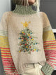 Women's multicolour cream knit Christmas tree sweater with a turtleneck and striped sleeves