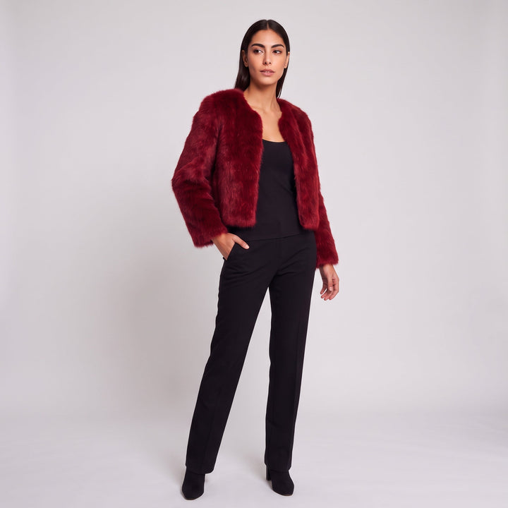 Women's Cropped Collarless Faux Fur Jacket
