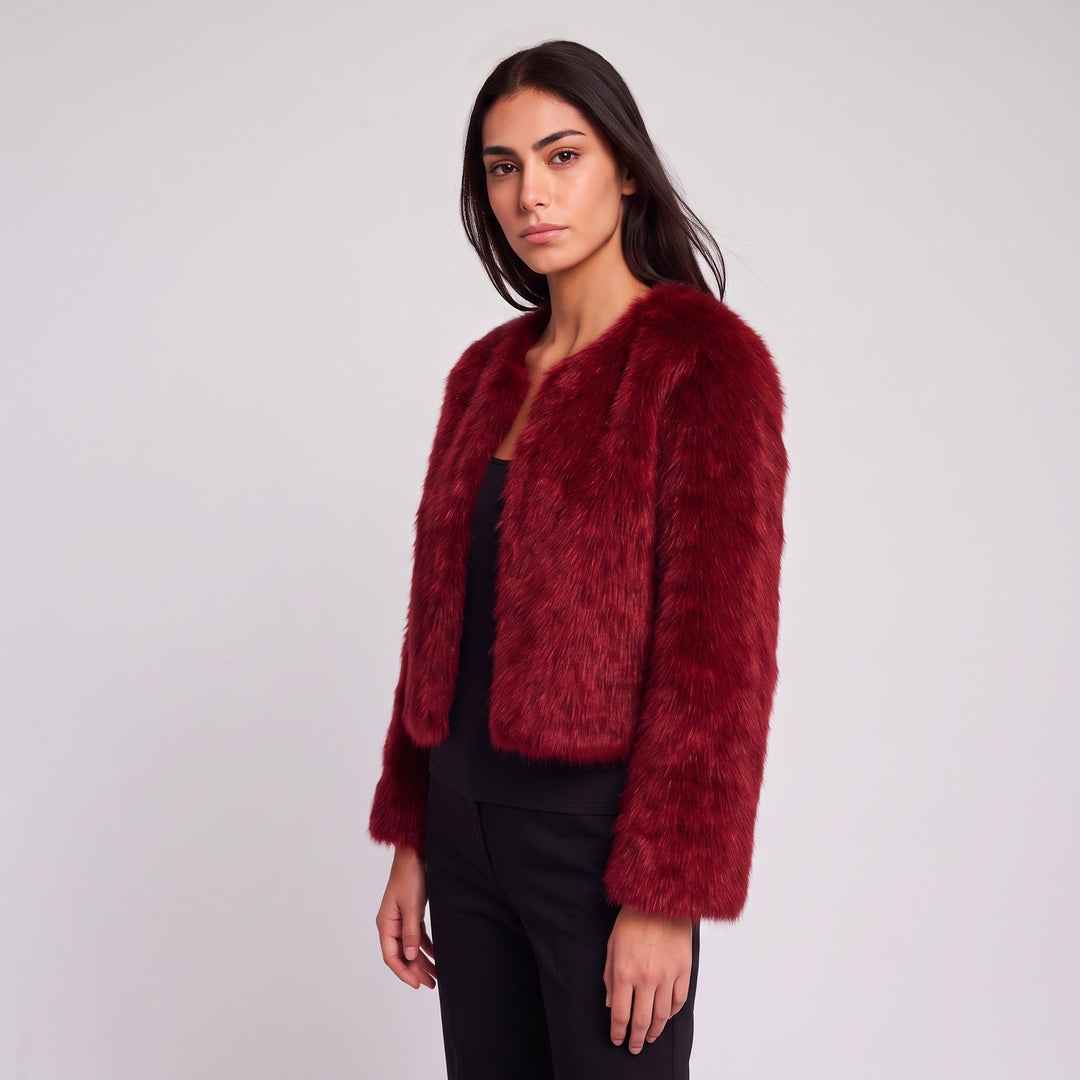 Women's Cropped Collarless Faux Fur Jacket