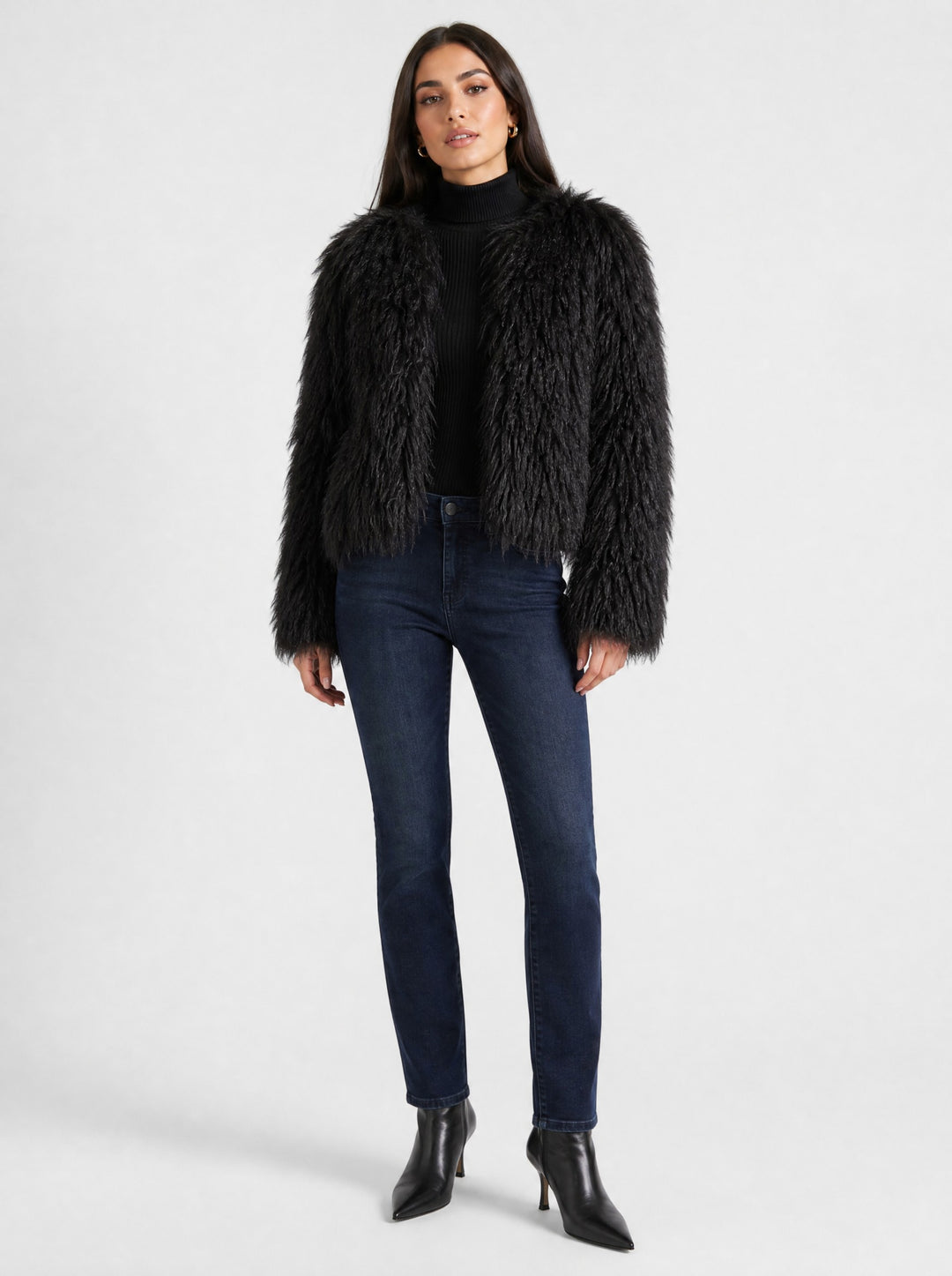 Women's Cropped Shaggy Faux Fur Jacket in black