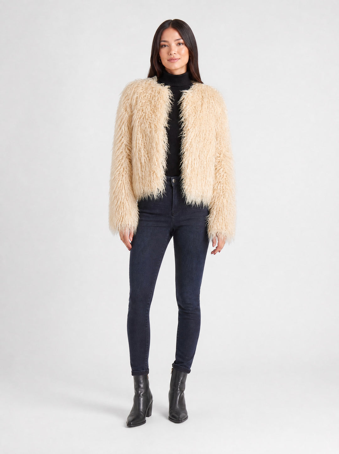 Women's Cropped Shaggy Faux Fur Jacket in cream