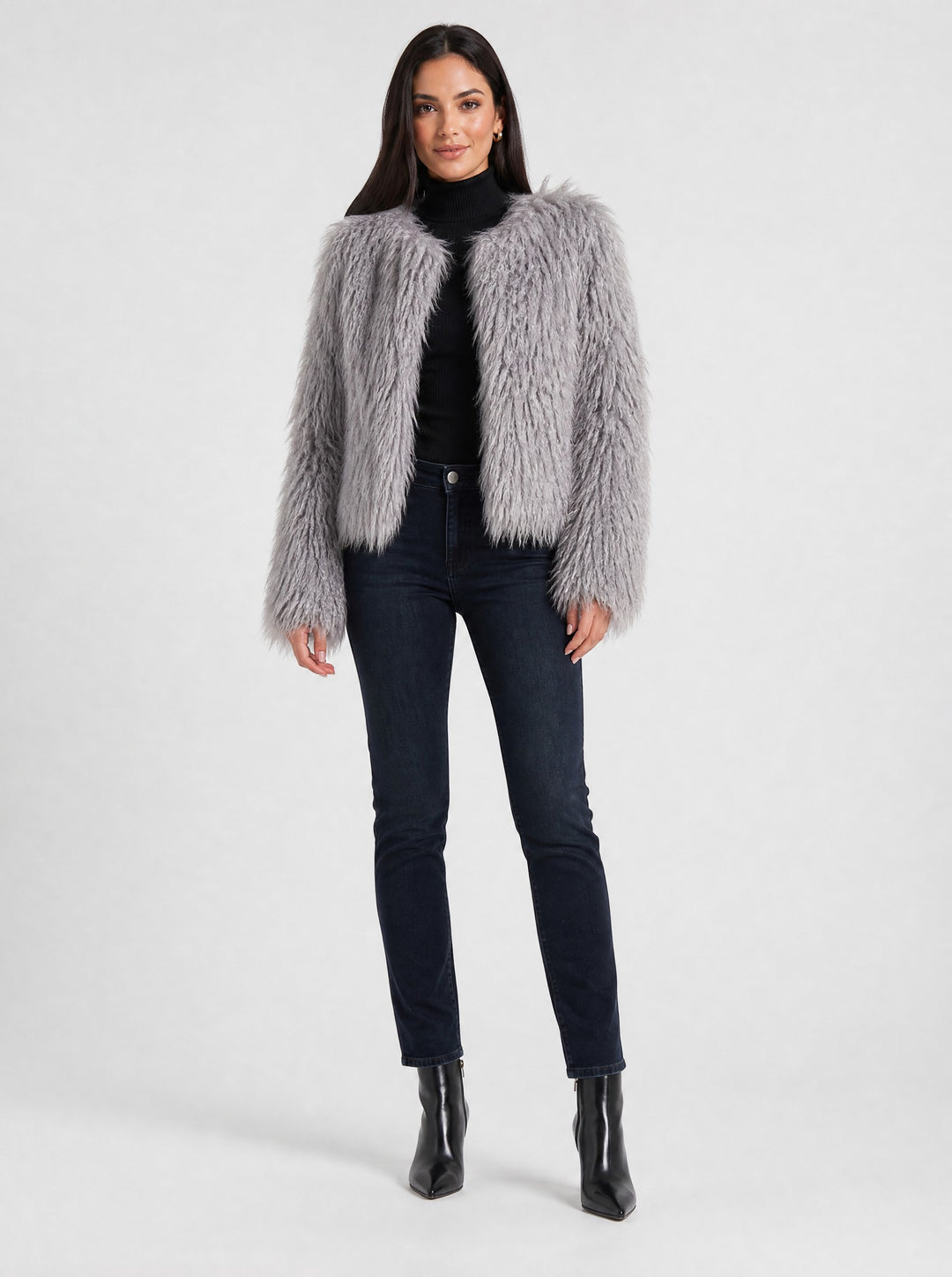 Women's Cropped Shaggy Faux Fur Jacket in grey