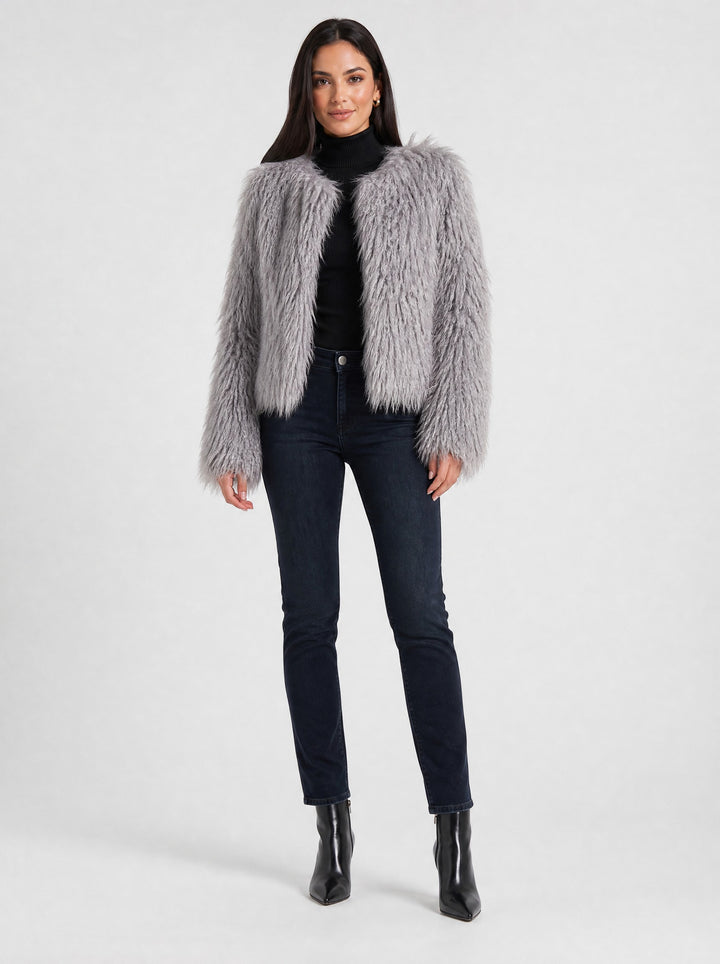 Women's Cropped Shaggy Faux Fur Jacket in grey