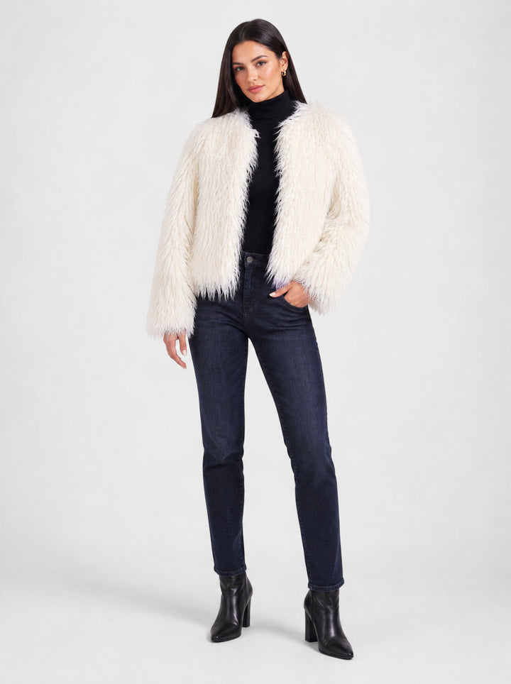 Women's Cropped Shaggy Faux Fur Jacket in ivory