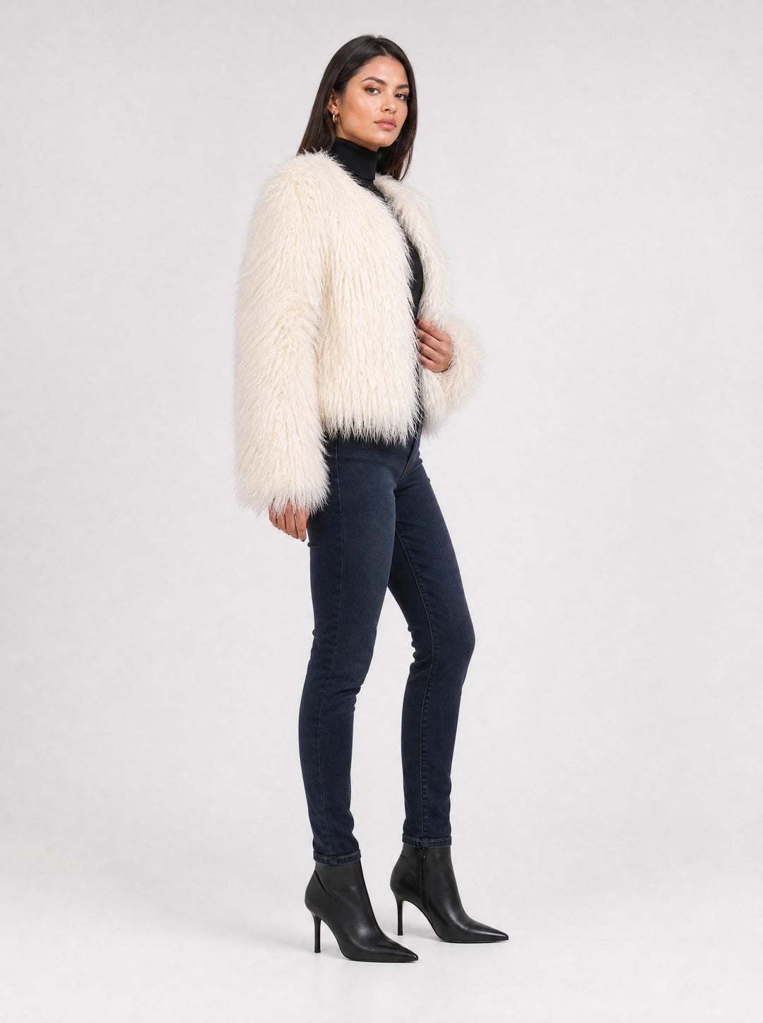 Women's Cropped Shaggy Faux Fur Jacket in ivory