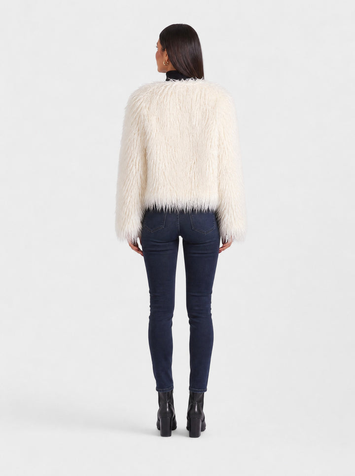 Women's Cropped Shaggy Faux Fur Jacket in ivory