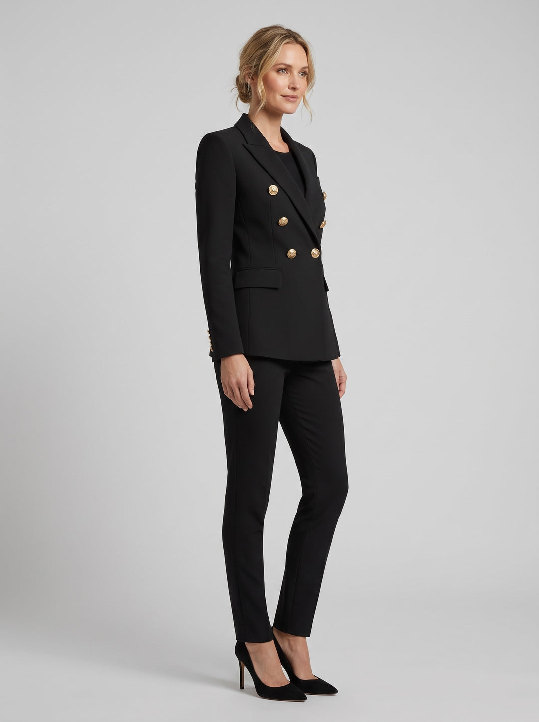Women's Double-Breasted Gold Button Blazer in black