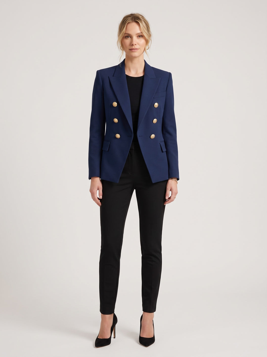 Women's Double-Breasted Gold Button Blazer in navy