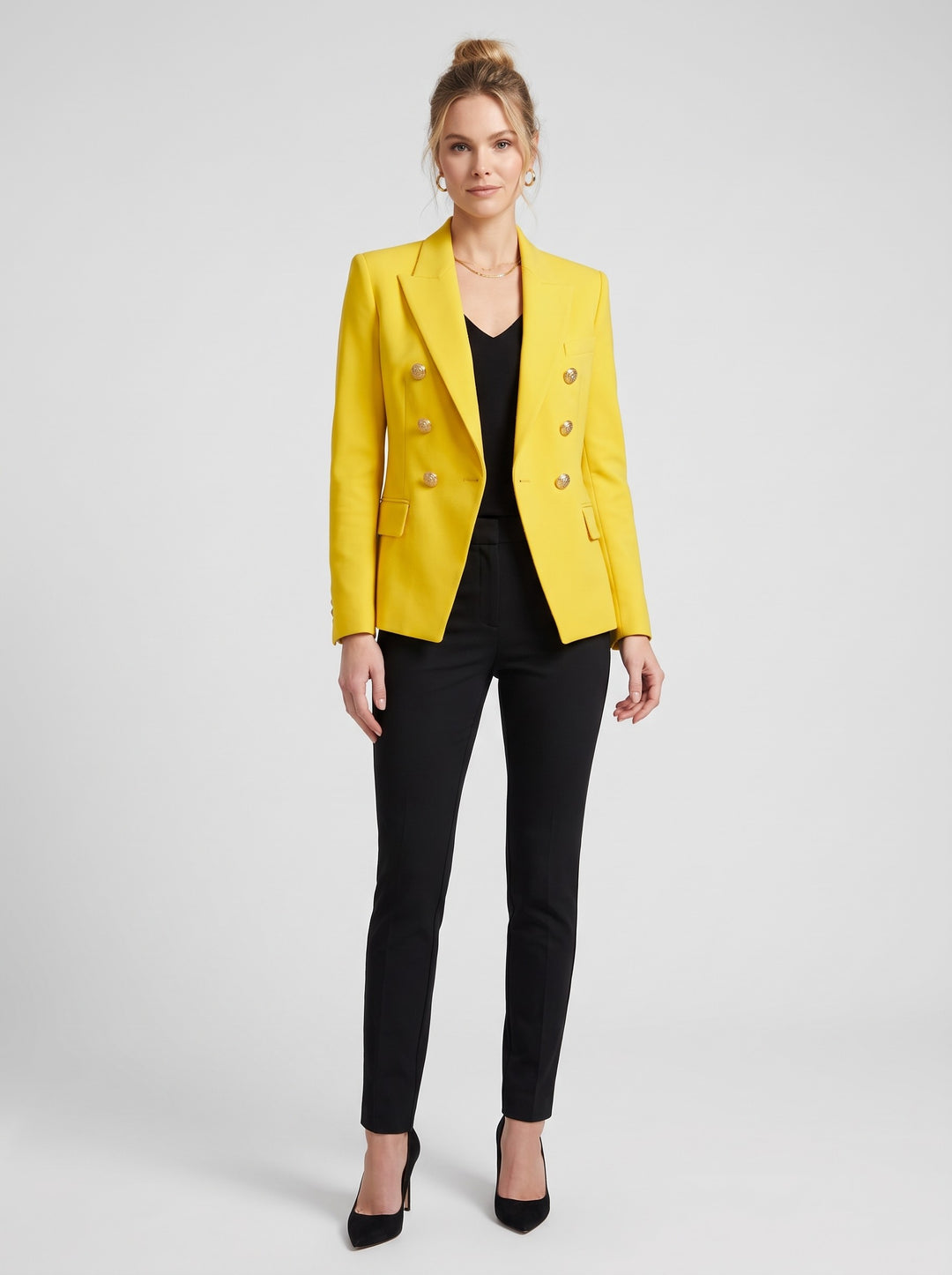 Women's Double-Breasted Gold Button Blazer in yellow