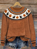 Women's Fair Isle Halloween knit sweater with crew neck and seasonal motifs
