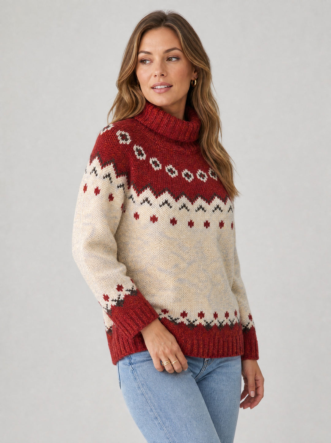 Women's Red Fair Isle Turtleneck Jumper in red