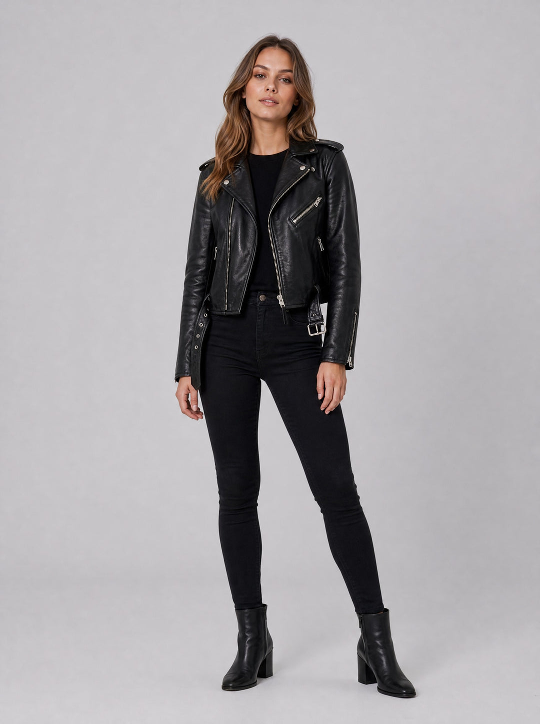 Women's Belted Faux Leather Biker Jacket in black