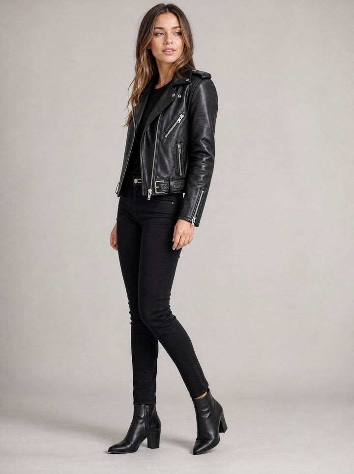 Women's Belted Faux Leather Biker Jacket in black