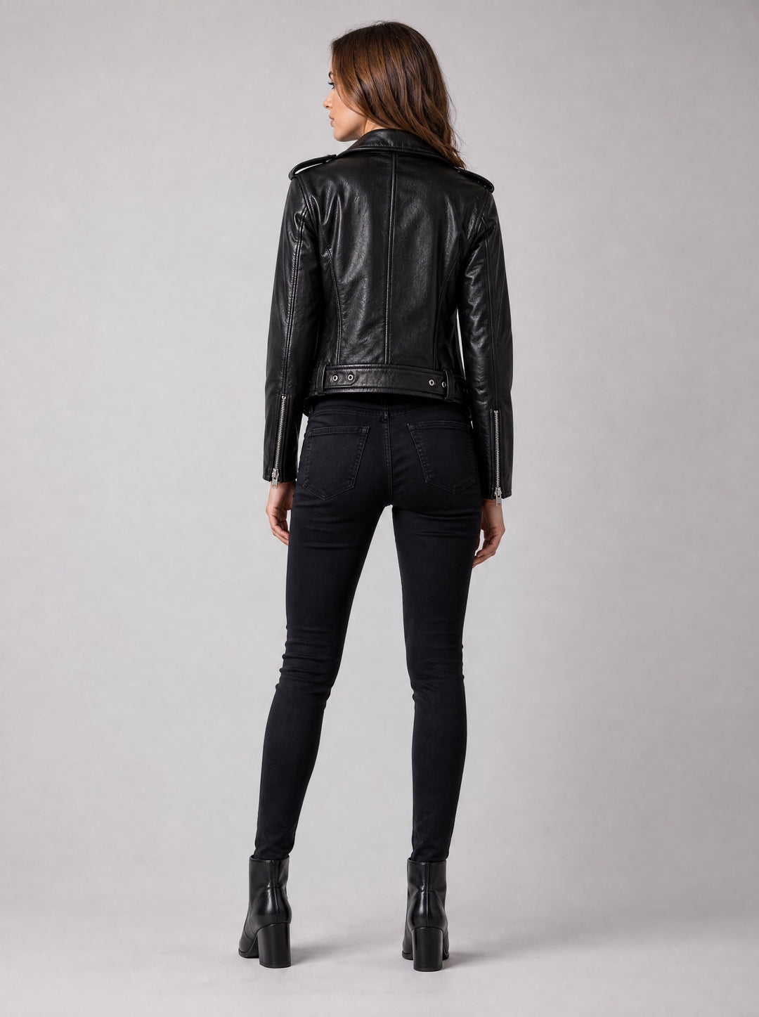 Women's Belted Faux Leather Biker Jacket in black