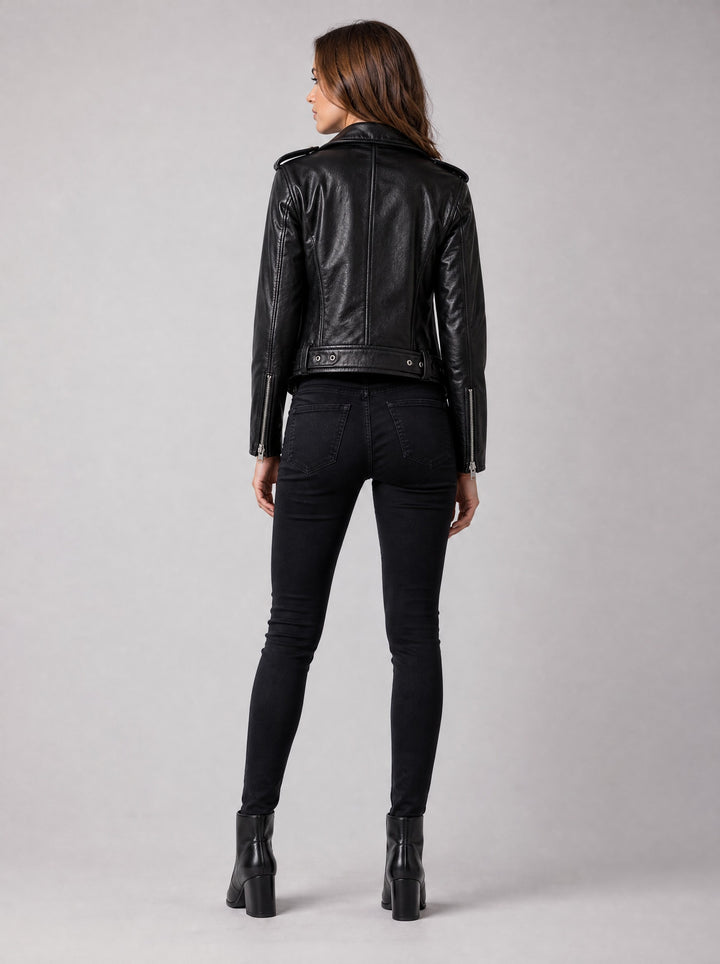 Women's Belted Faux Leather Biker Jacket in black