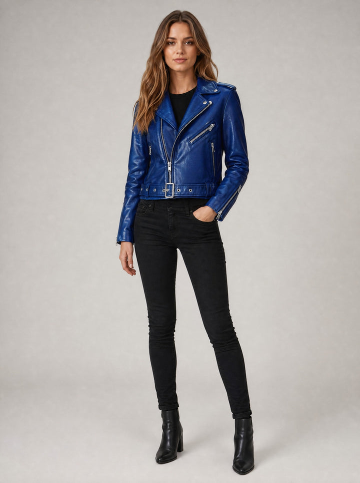 Women's Belted Faux Leather Biker Jacket in blue