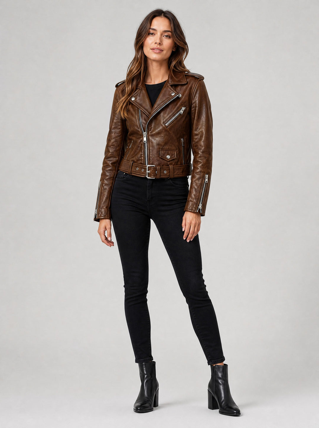 Women's Belted Faux Leather Biker Jacket in brown