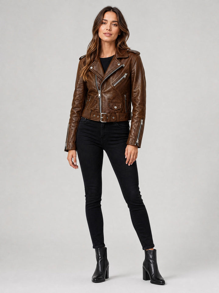 Women's Belted Faux Leather Biker Jacket in brown
