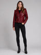 Women's Belted Faux Leather Biker Jacket in burgundy