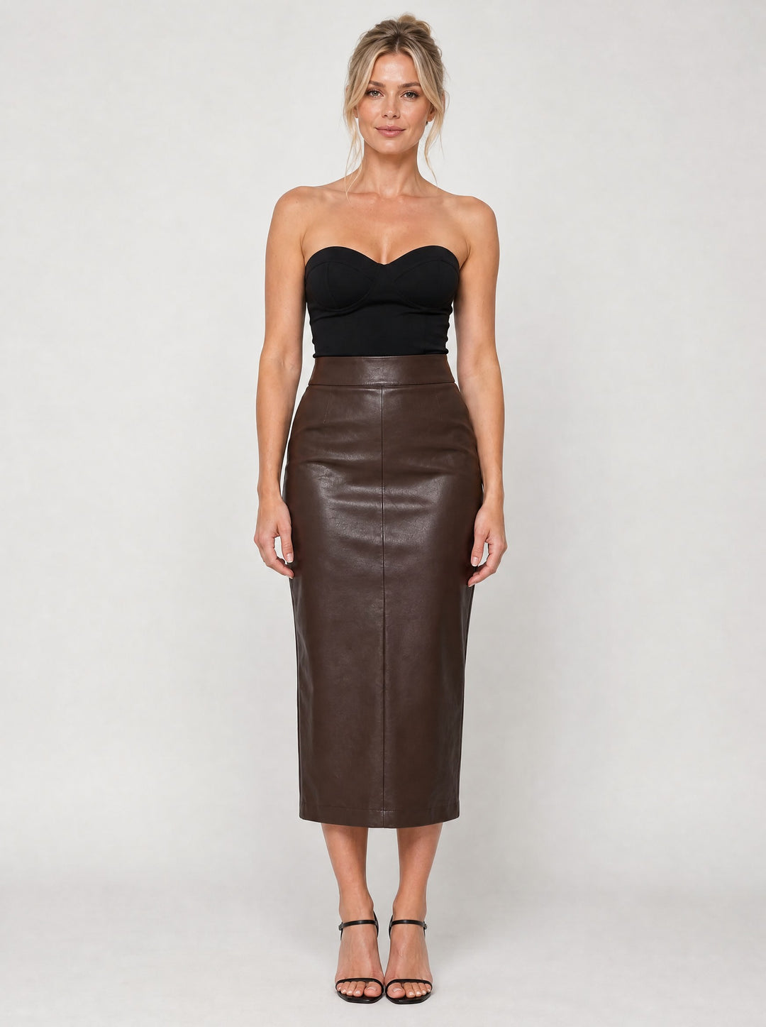 Women's Faux Leather Midi Pencil Skirt in brown