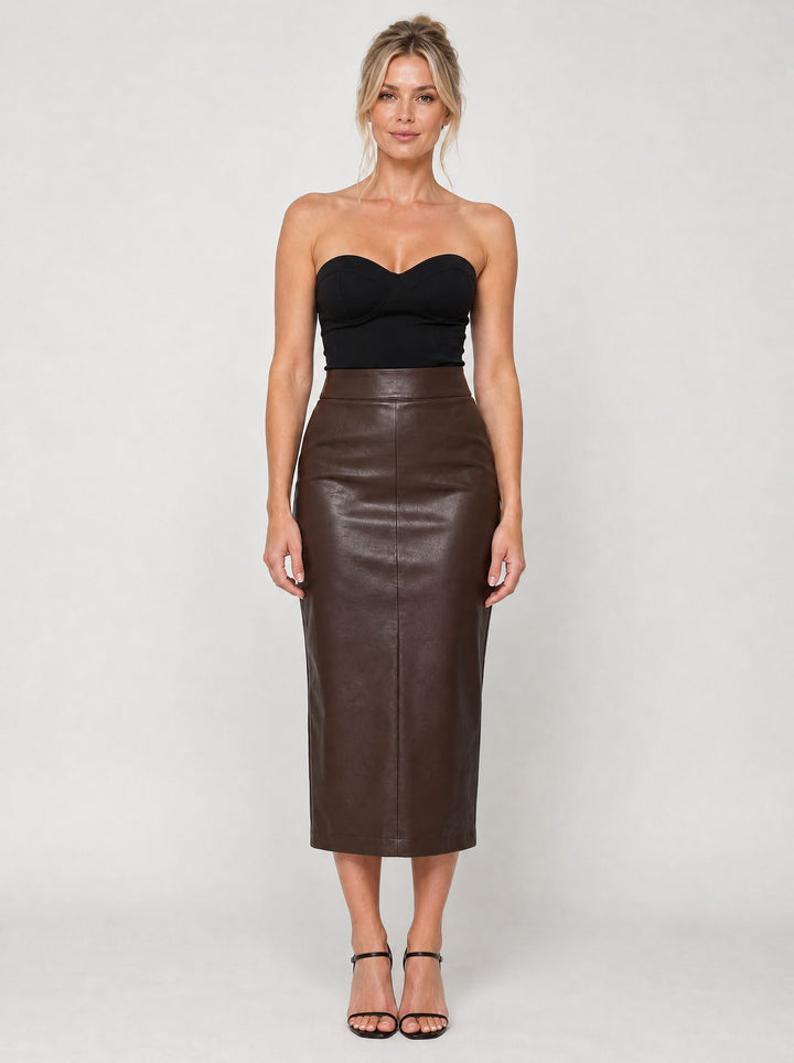 Women's Faux Leather Midi Pencil Skirt in brown