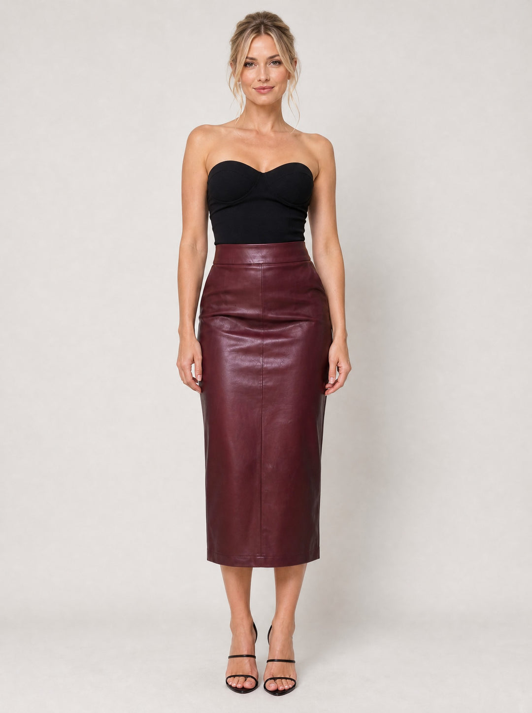 Women's Faux Leather Midi Pencil Skirt in burgundy