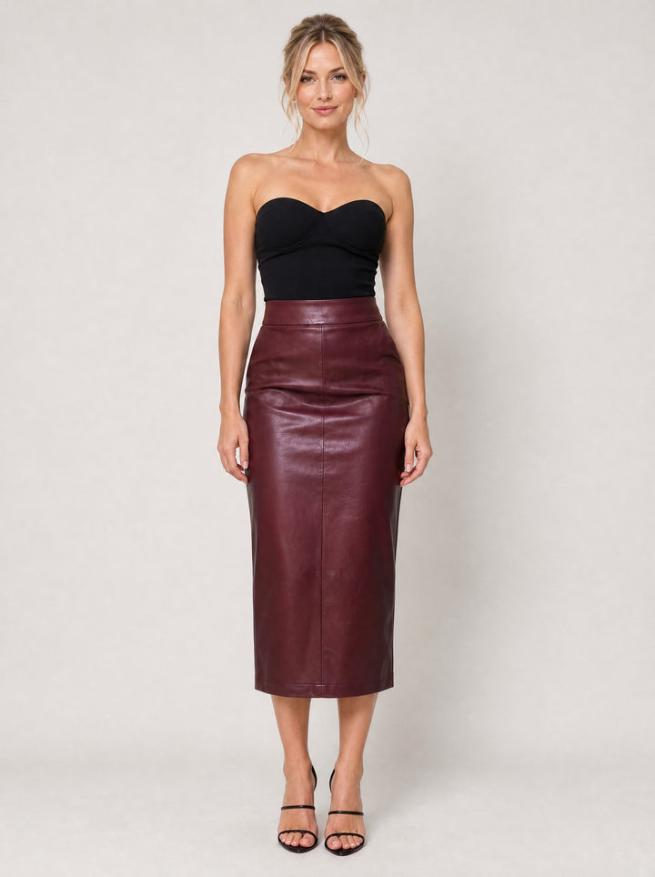 Women's Faux Leather Midi Pencil Skirt in burgundy
