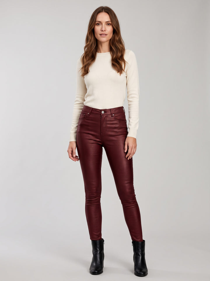 Women's Faux Leather Skinny Trousers in burgundy