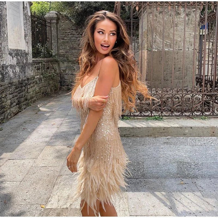 Women's Feather Trim Mini Dress