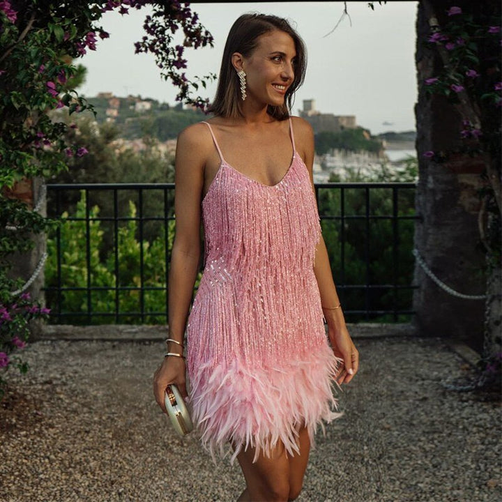 Women's Feather Trim Mini Dress