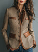 Women's brown herringbone fitted blazer with band collar and contrast pockets