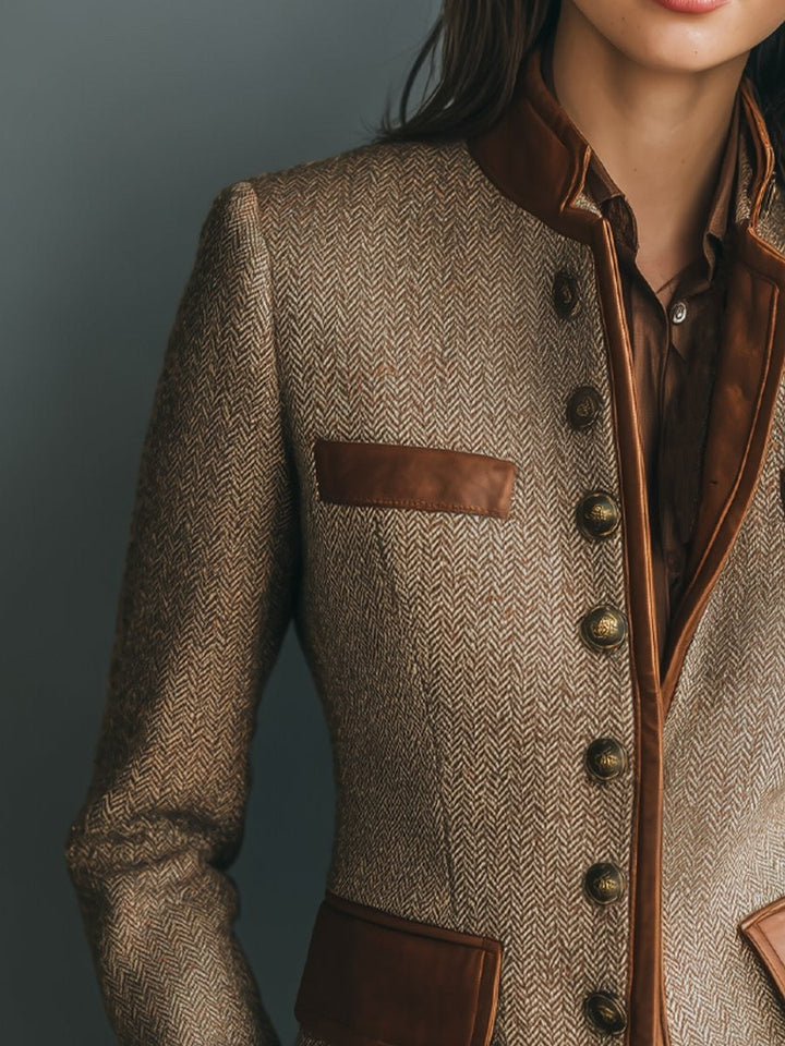 Women's brown herringbone fitted blazer with band collar and contrast pockets